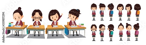 Student vector character turn. female students in school uniforms studying at school desk.
