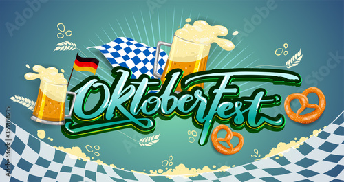Oktoberfest beer festival, banner and poster template with Oktoberfest calligraphy hand lettering and beer. beer festival in German