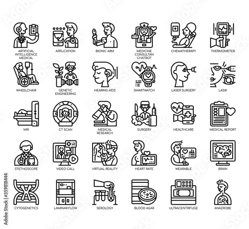 Set of medical technology thin line and pixel perfect icons for any web and app project.