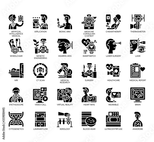 Set of medical technology thin line and pixel perfect icons for any web and app project.