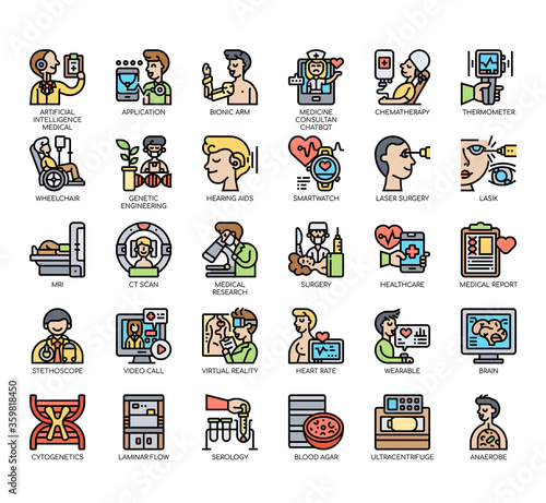 Set of medical technology thin line and pixel perfect icons for any web and app project.