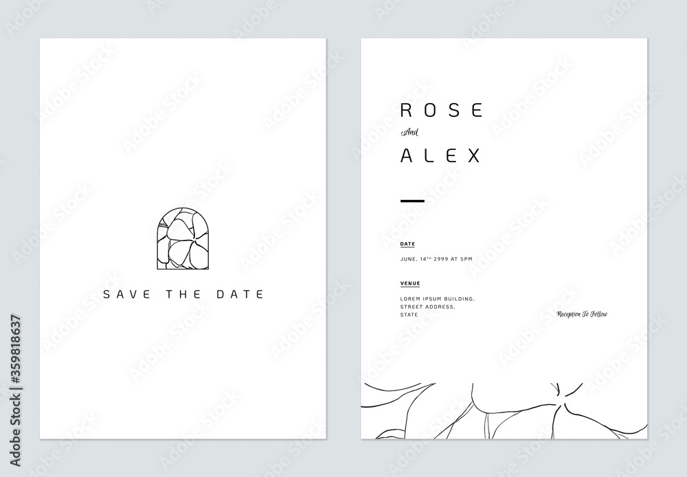 Minimalist wedding invitation card template design, flower line art ink drawing on white