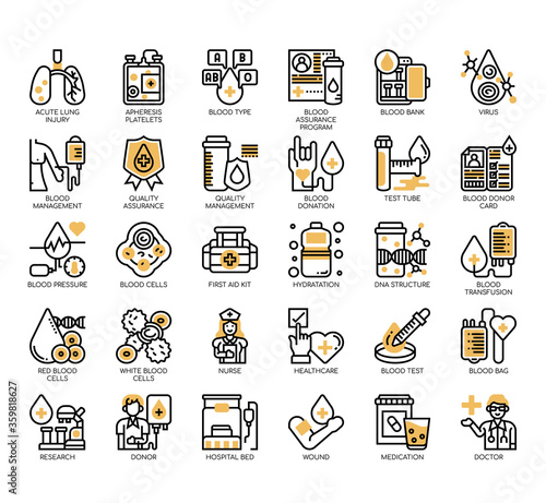 Set of blood donation thin line and pixel perfect icons for any web and app project.