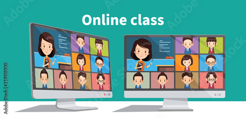 Online students lesson or meeting. Coronavirus quarantine distance education concept. Stay at home vector illustration. Studying pupils or students. Laptop screenshot.