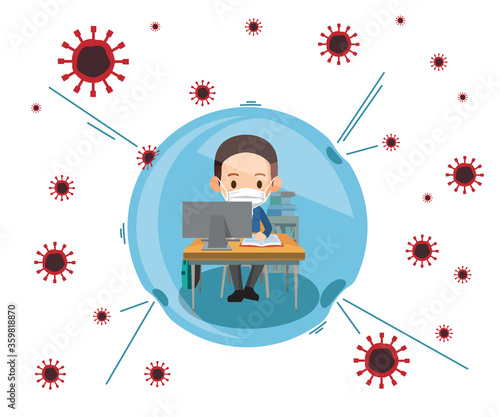 a schoolboy at home using a computer for online education safe from coronavirus transmission.