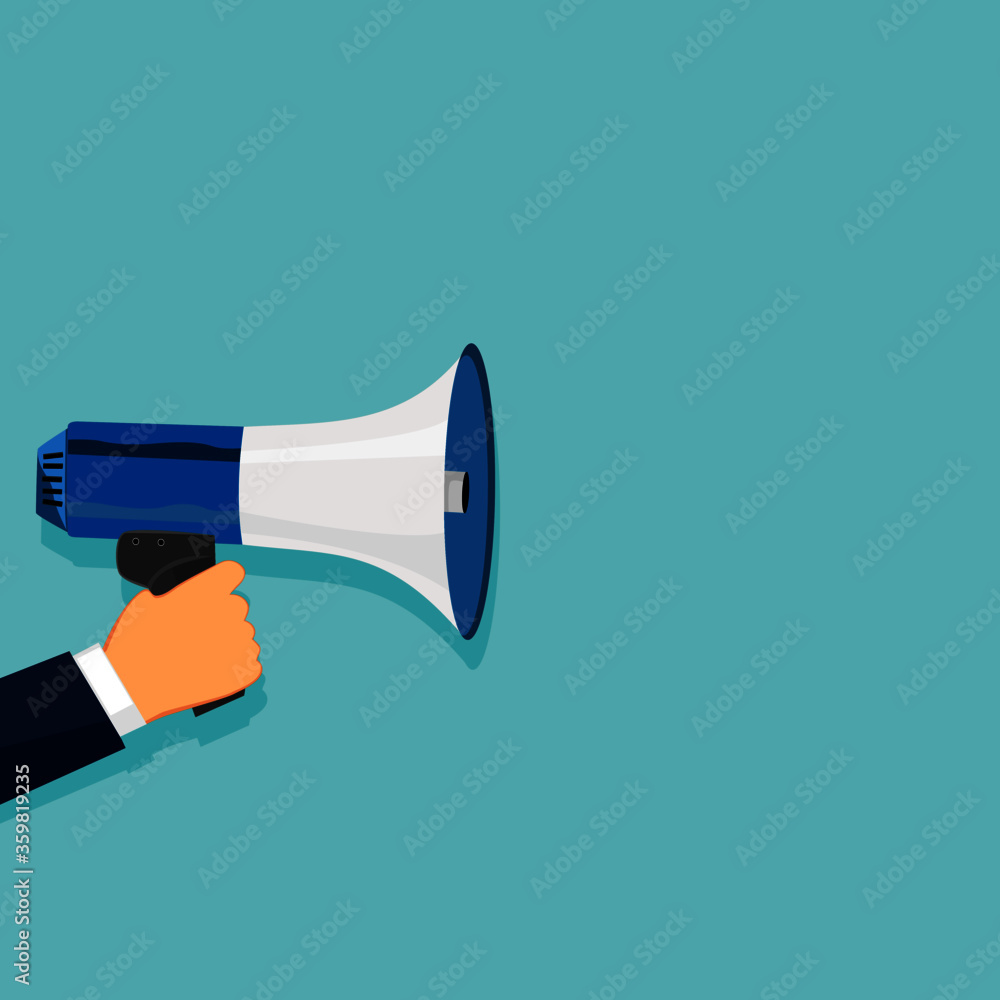 Megaphone in the hand. Use advertising sounds. Marketing. Vector illustration