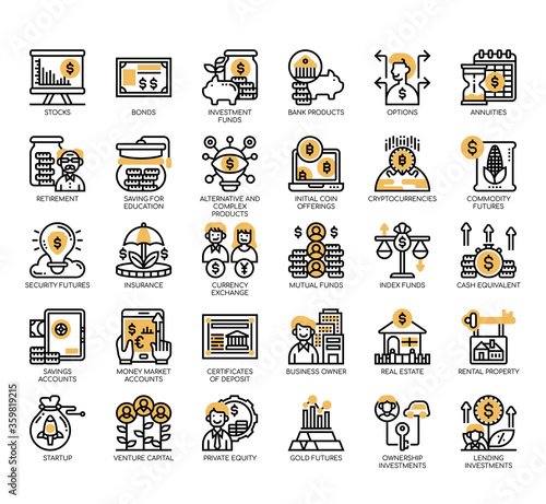 Set of type of investment thin line and pixel perfect icons for any web and app project.