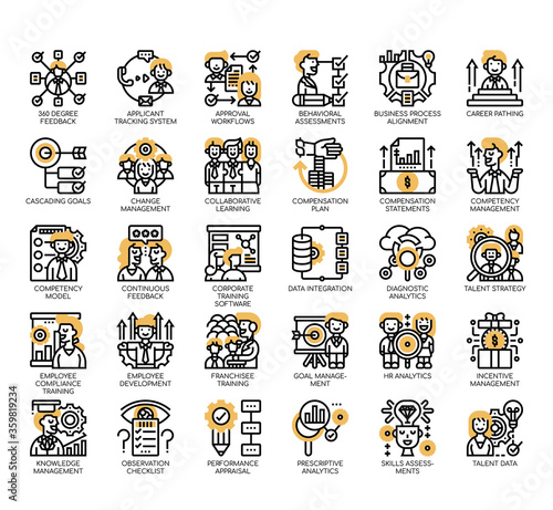 Set of talent management thin line and pixel perfect icons for any web and app project.