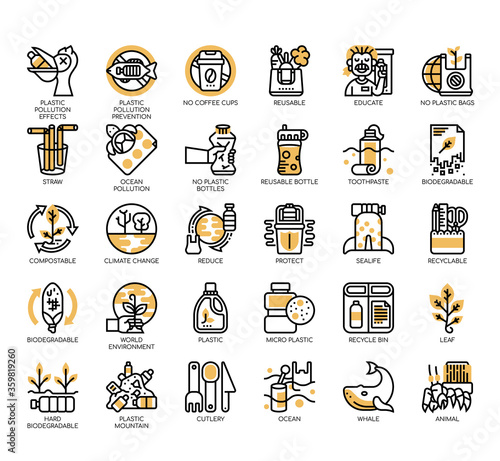 Set of Plastic pollution thin line and pixel perfect icons for any web and app project.
