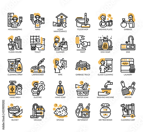 Set of housekeeping thin line and pixel perfect icons for any web and app project.
