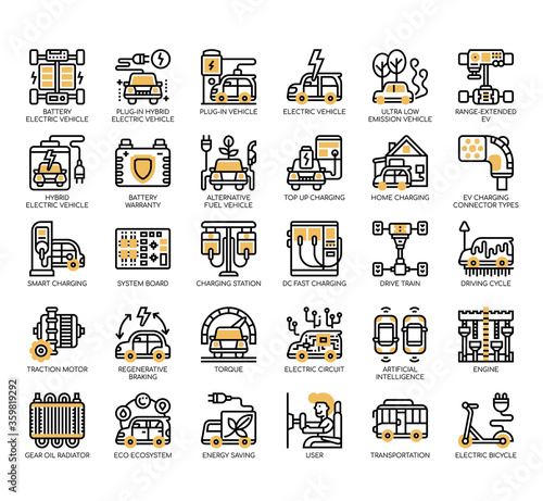 Set of electric vehicle thin line and pixel perfect icons for any web and app project.