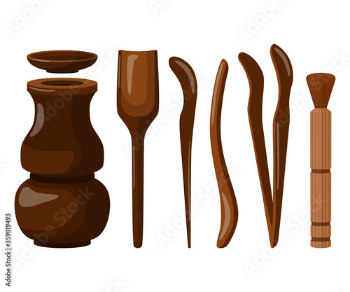 Set chaju chinese tea ceremony on white background. Asian traditional kit cha dao elements needle, leak, tongs, funnel, vase, brush in style flat