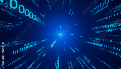moving through 0 and 1 digital data space. Big data / computer technology abstract background.