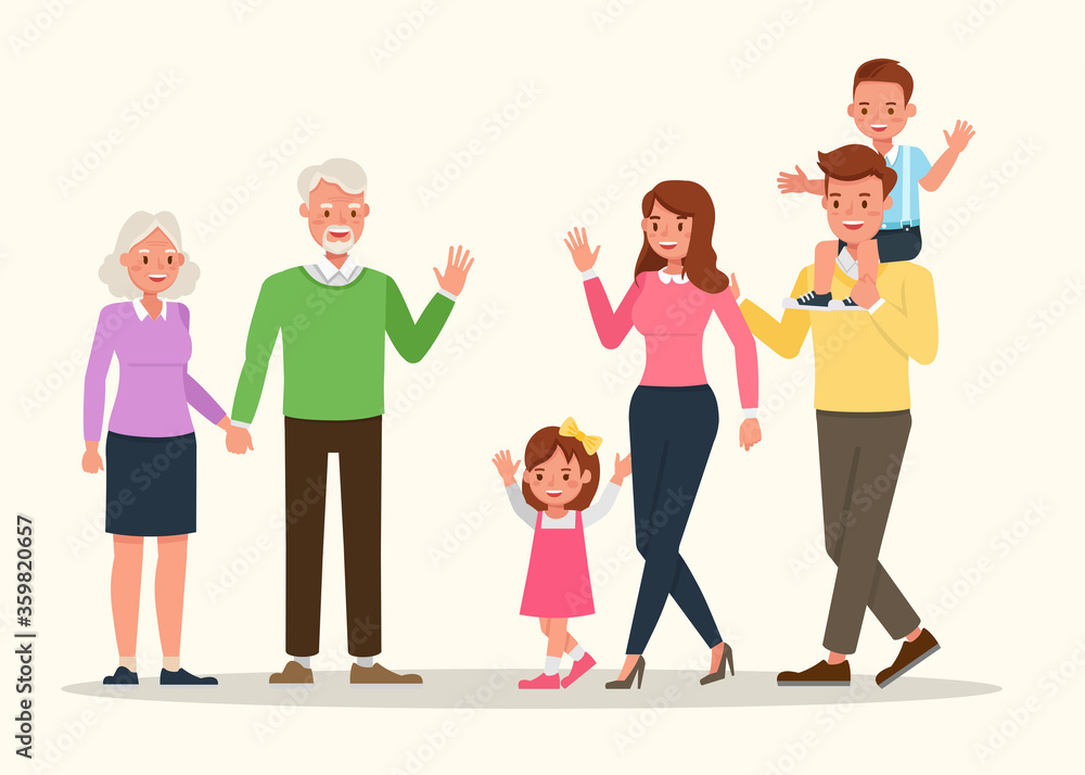 Naklejka premium Happy family people mother, father, grandparents and children together character vector design.