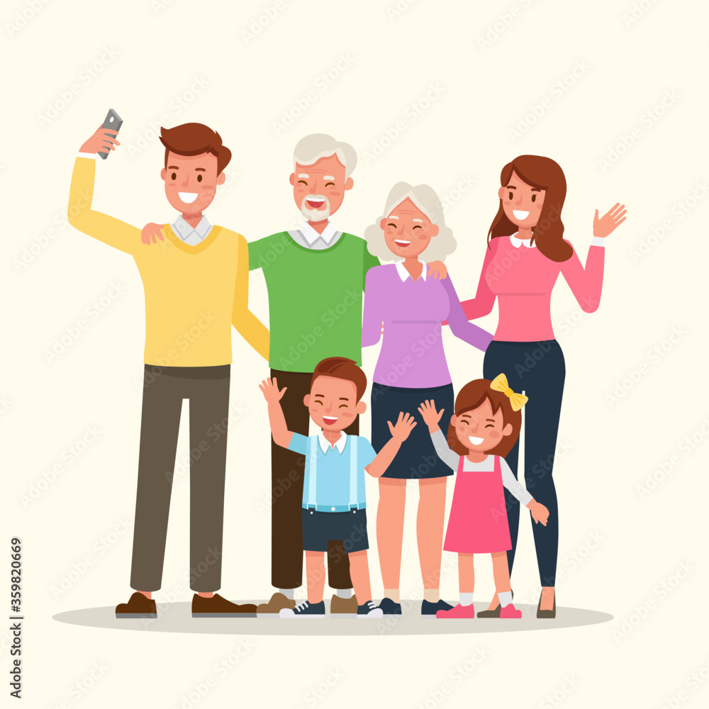 Obraz premium Happy family people mother, father, grandparents and children together character vector design.