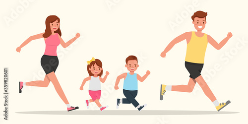 Happy family people Father, mother, daughter and son are running character vector design.