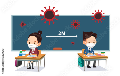 School children are far away from each other to prevent infection. Wear a mask and study in the classroom. social distinctions to prevent coronavirus.