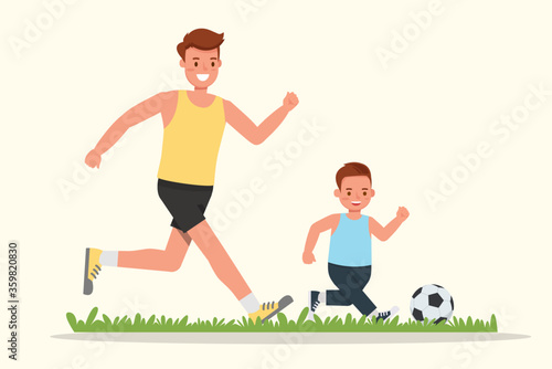 Happy family, Father and son playing football character vector design.