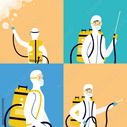 biosafety workers with sprayers disinfect