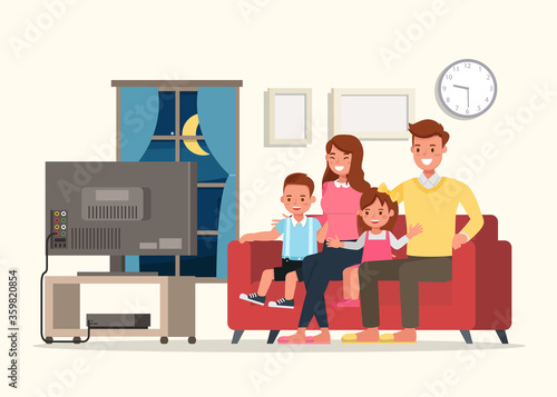 Happy family, father mother and children watching television character vector design.