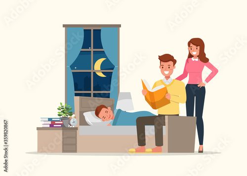 Happy family, father reading a bedtime story for his son character vector design.