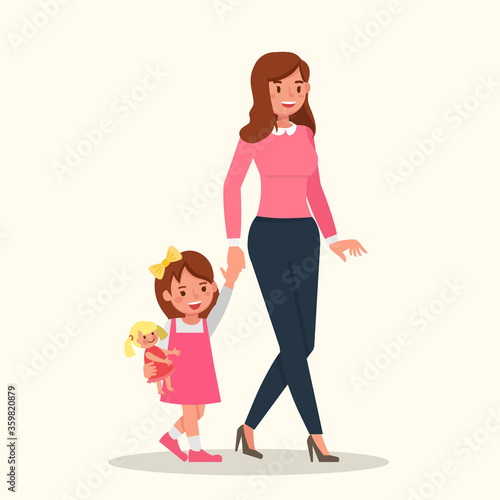 Happy family, mother and daughter walking character vector design.