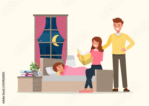 Happy family, mother reading a bedtime story for her daughter character vector design.