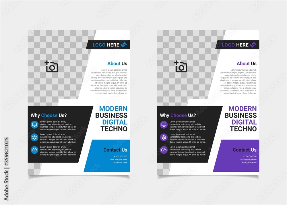 Business flyer template vector design, A4 brochure template blue and purple geometry shapes used for business poster layout, IT Company flyer, corporate banners, and leaflets