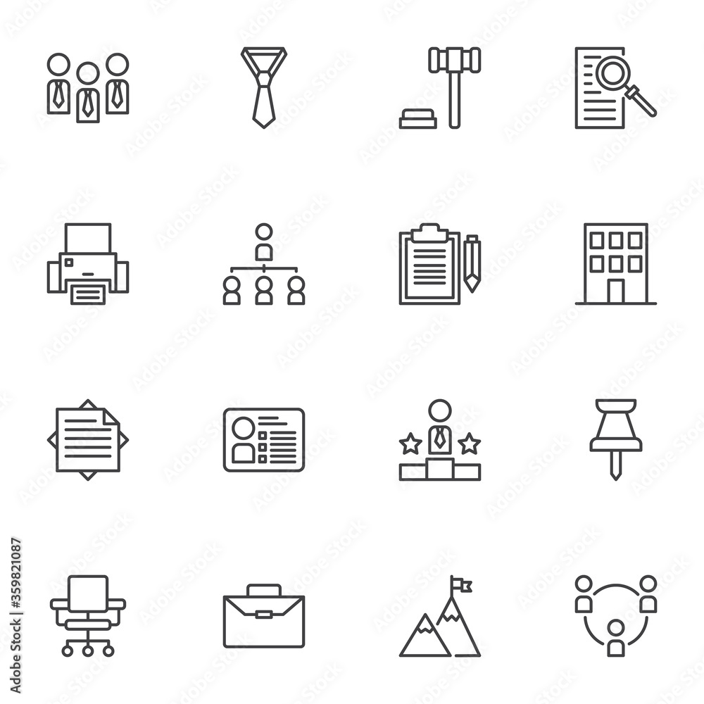 Business office line icons set, outline vector symbol collection, linear style pictogram pack. Signs, logo illustration. Set includes icons as printer, briefcase, employee staff, teamwork, id card Business office line icons set, outline vector symbol collection, linear style pictogram pack. Signs, logo illustration. Set includes icons as printer, briefcase, employee staff, teamwork, id card