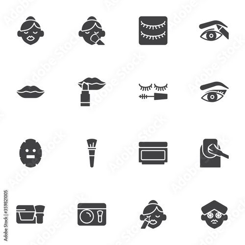 Make-up and cosmetic vector icons set, modern solid symbol collection, filled style pictogram pack. Signs, logo illustration. Set includes icons as lipstick, eyeshadow, woman face, eyebrow, manicure