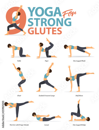 8 Yoga Poses or Asana Posture for Workout in Thigh & Glute Toning Concept.  Women Exercising for Body Stretching. Vector Stock Vector - Illustration of  cartoon, exercise: 195952703