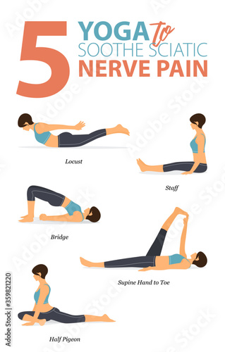 5 Yoga poses for workout in soothe sciatic pain concept. Woman exercising for body stretching. Yoga posture or asana for fitness infographic. Flat cartoon vector.