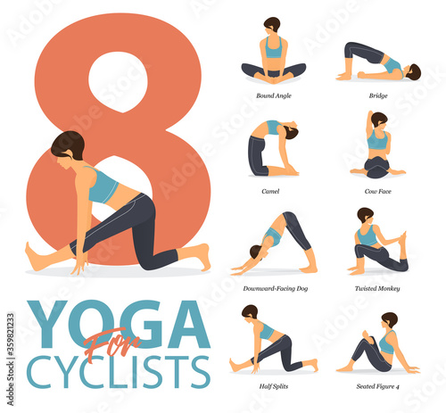 8 Yoga poses for workout in yoga for cyclist concept. Woman exercising for body stretching. Yoga posture or asana for fitness infographic. Flat cartoon vector.