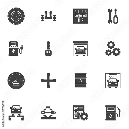 Car service vector icons set, modern solid symbol collection, auto repair filled style pictogram pack. Signs, logo illustration. Set includes icons as battery charge, gearbox transmission, car garage