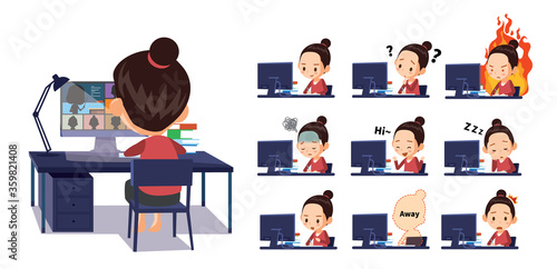 A student who is having an online class at home. express various emotions