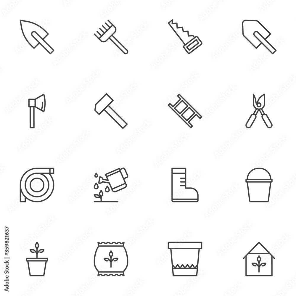 Gardening tool line icons set, outline vector symbol collection, linear style pictogram pack. Signs logo illustration. Set includes icons as rake, spade shovel, watering can, greenhouse, saw, scissors Gardening tool line icons set, outline vector symbol collection, linear style pictogram pack. Signs logo illustration. Set includes icons as rake, spade shovel, watering can, greenhouse, saw, scissors