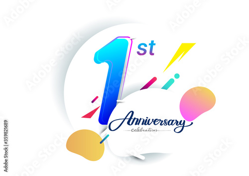 1st years anniversary logo, vector design birthday celebration with colorful geometric background, isolated on white background.