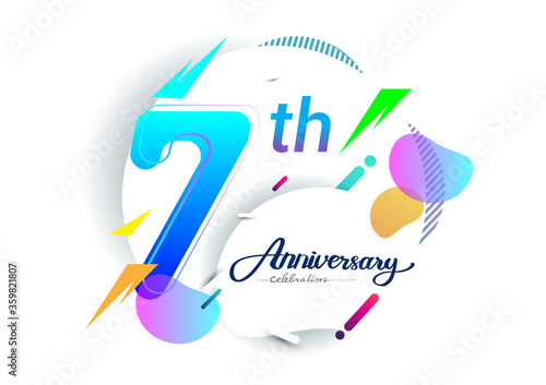 7th years anniversary logo, vector design birthday celebration with colorful geometric background, isolated on white background.