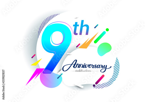 9th years anniversary logo, vector design birthday celebration with colorful geometric background, isolated on white background.