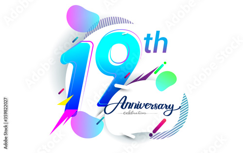 19th years anniversary logo, vector design birthday celebration with colorful geometric background, isolated on white background.