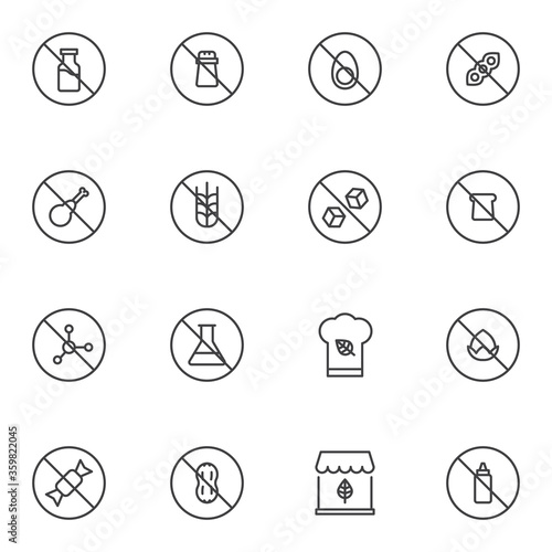 Organic food prohibition signs line icons set, outline vector symbol collection, linear style pictogram pack. Signs logo illustration. Set includes icons as preservatives, gluten, lactose and gmo free
