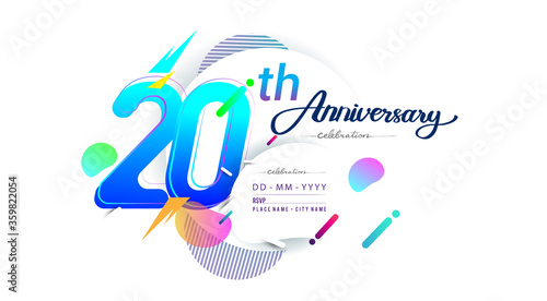 20th years anniversary logo, vector design birthday celebration with colorful geometric background, isolated on white background.