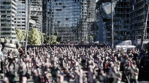 horror zombie crowd walking. Destroyed city. Apocalypse view, concept. Realistic 4K animation. Aerial photo