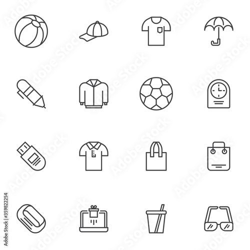 Promotional items line icons set, outline vector symbol collection, summer shop linear style pictogram pack. Signs, logo illustration. Set includes icons as beach ball, baseball cap, sunglasses, shirt