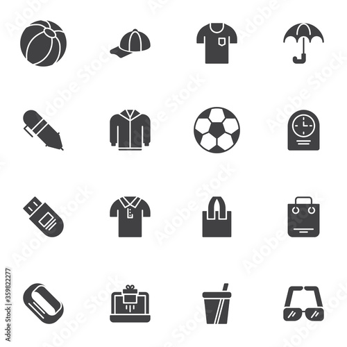 Promotional items vector icons set, modern solid symbol collection, summer shop filled style pictogram pack. Signs, logo illustration. Set includes icons as beach ball, baseball cap, sunglasses, shirt