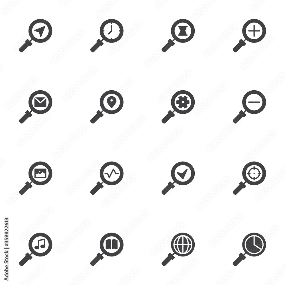 Magnifying glass, search vector icons set, modern solid symbol collection, filled style pictogram pack. Signs, logo illustration. Set includes icons as global search, settings, gallery, time, music Magnifying glass, search vector icons set, modern solid symbol collection, filled style pictogram pack. Signs, logo illustration. Set includes icons as global search, settings, gallery, time, music
