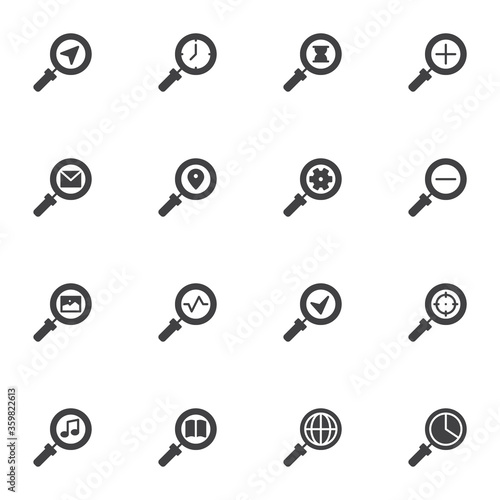 Magnifying glass, search vector icons set, modern solid symbol collection, filled style pictogram pack. Signs, logo illustration. Set includes icons as global search, settings, gallery, time, music