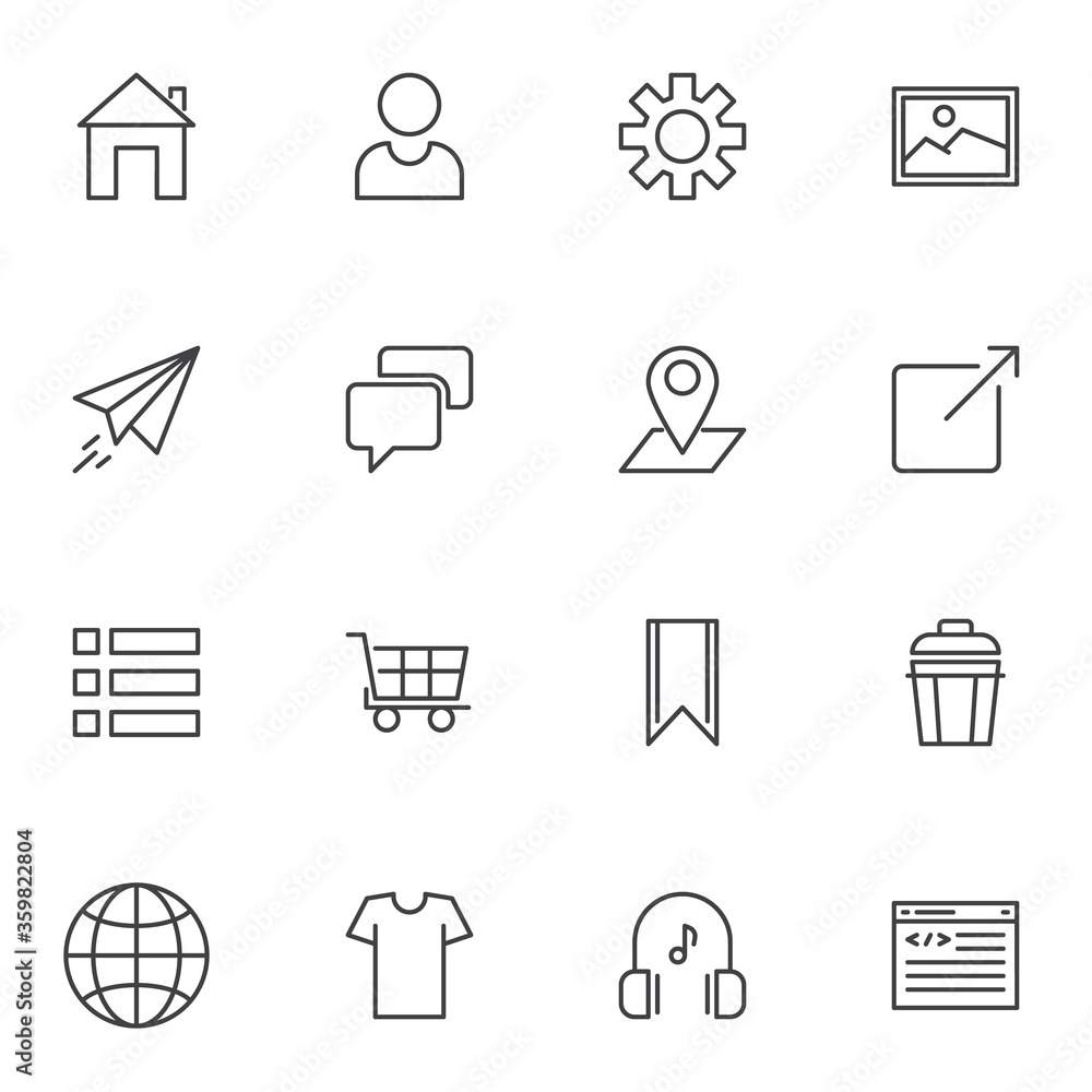 Web development line icons set, outline vector symbol collection, linear style pictogram pack. Signs, logo illustration. Set includes icons as user contact, settings, web page coding, homepage Web development line icons set, outline vector symbol collection, linear style pictogram pack. Signs, logo illustration. Set includes icons as user contact, settings, web page coding, homepage