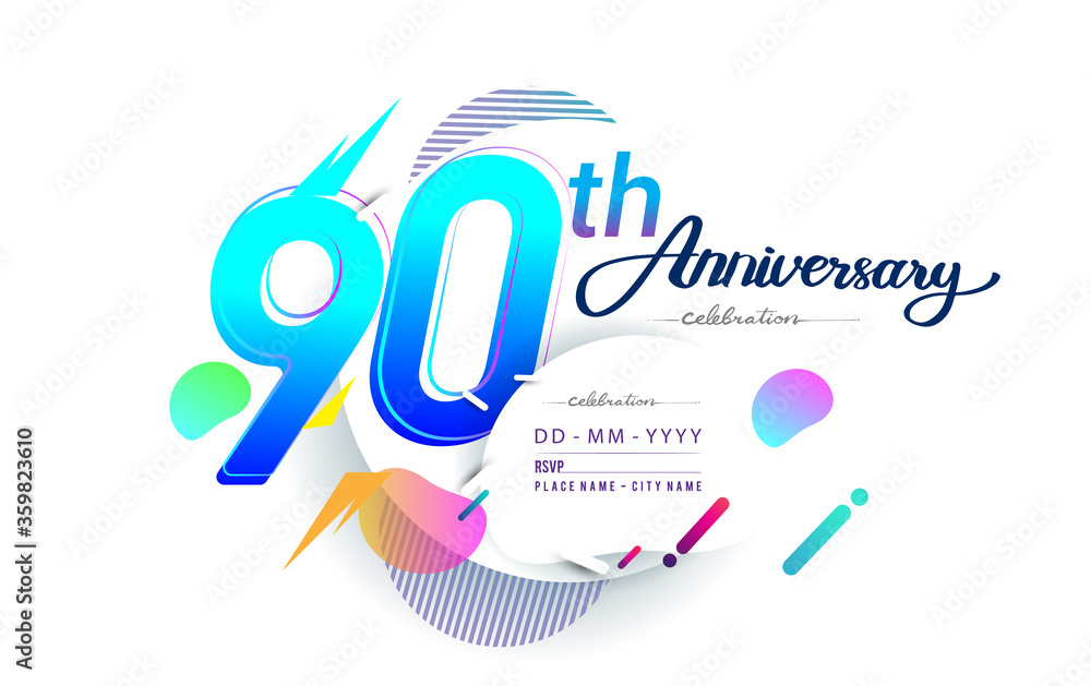 90th years anniversary logo, vector design birthday celebration with colorful geometric background, isolated on white background. 90th years anniversary logo, vector design birthday celebration with colorful geometric background, isolated on white background.