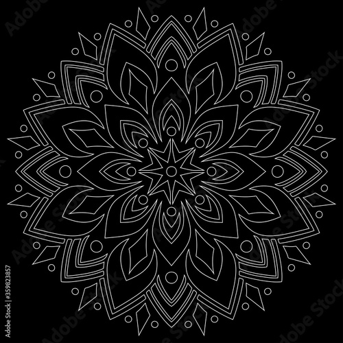 White outline mandala on a black doodles sketch